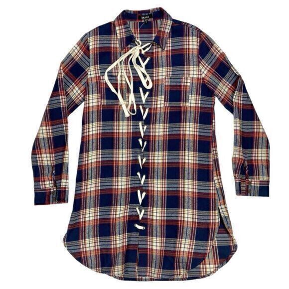 ENVME Long Tunic Flannel Dress Womens Sz Large Red Blue Plaid Lace Up NEW - Picture 1 of 14